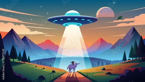 UFO kidnapping cow vector illustration