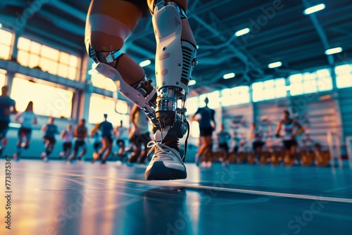 A man using a bionic prosthetic leg during physical activity in a gym surrounded by other people. photo