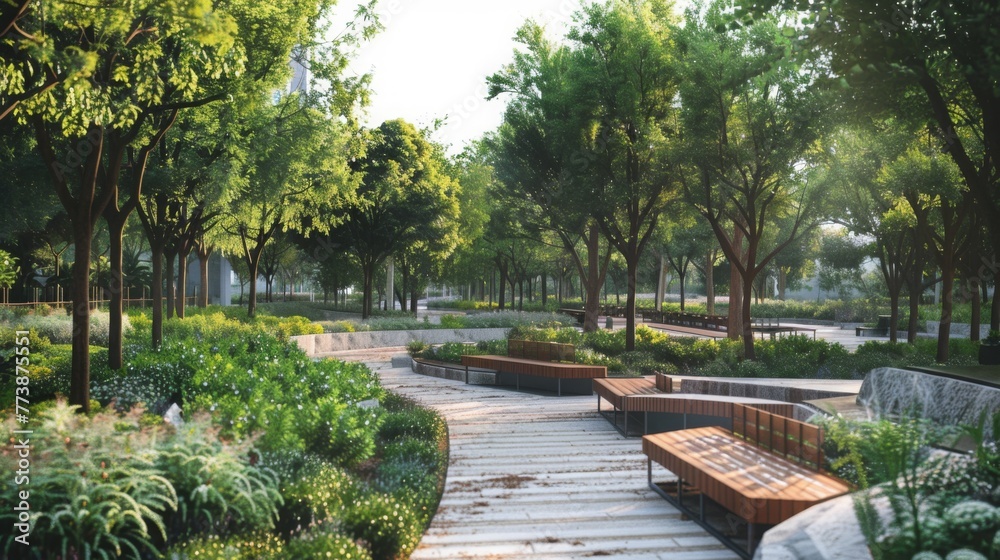 Park With Benches, Trees, and Plants