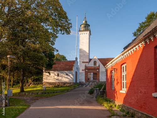 Church and lighthouse of Tuno island in Tuno By, Midtjylland, Denmark