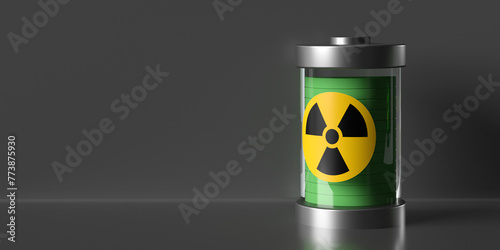 Nuclear battery with radiation sign on dark background, copy space. Atomic fuel recharging. Infinite energy concept. Symbol design on 3D rendered horizontal composition.