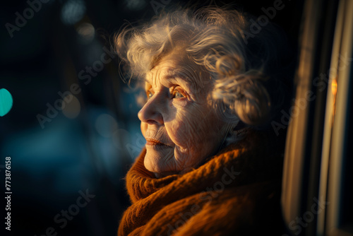 Captured in a serene moment, an elderly woman gazes out a window, softly illuminated by indoor lighting.