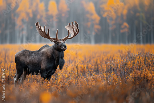 elk moose with horns in autumn field on forest background close up © alexkoral