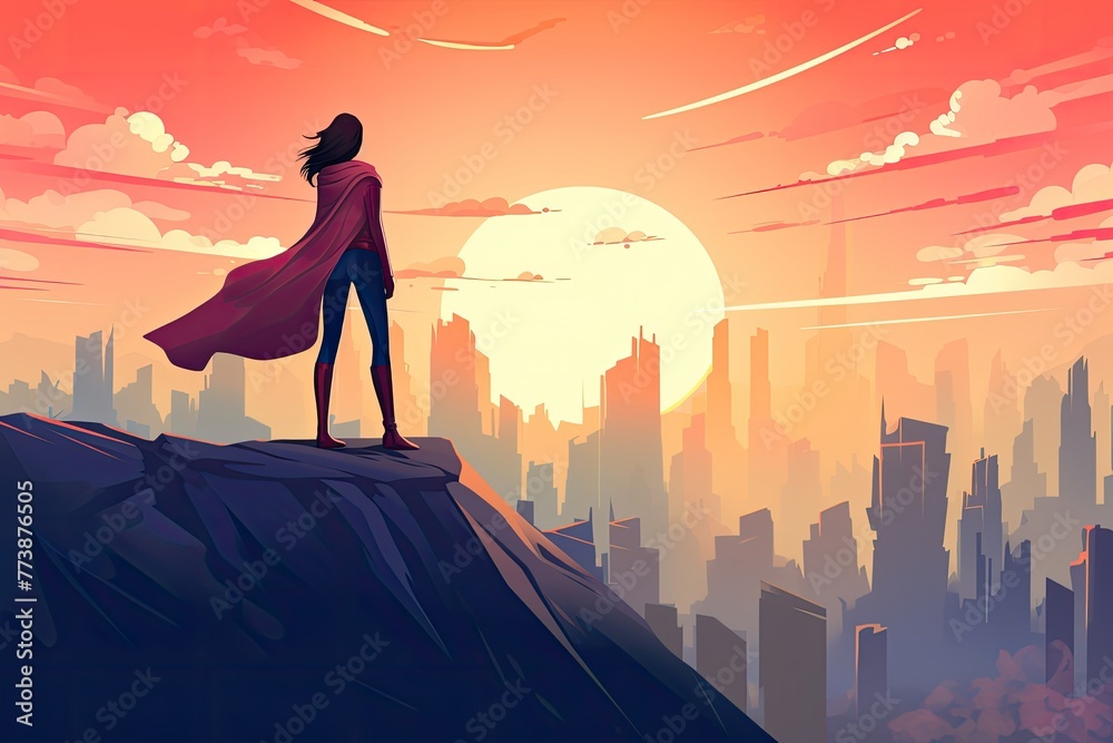Naklejka premium hero woman with cape stand on a cliff illustration