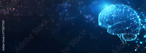  Artificial Intelligence concept banner with a digital brain, human head silhouette, neural connections, and glowing connection lines on a dark blue background with copy space. 