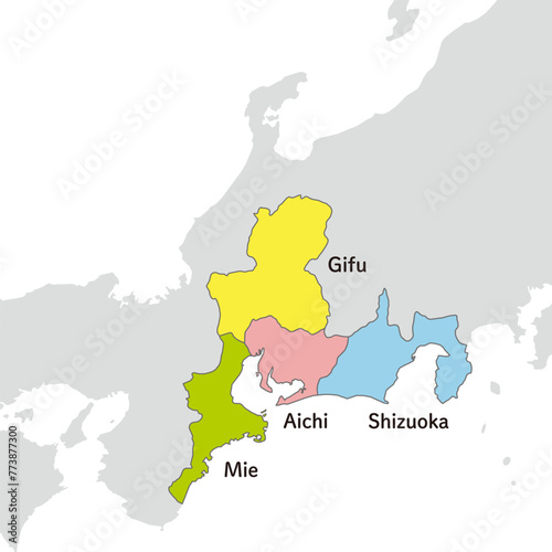 東海地方、東海地方のカラフルな地図、英語の県名入り