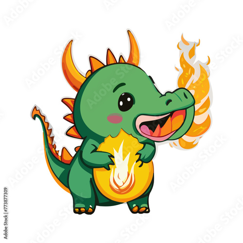 Cute cartoon dragon blowing fire on white background. Vector illustration.