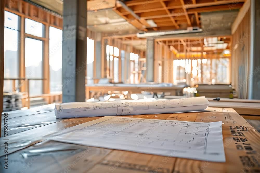 The video showcases a wooden table filled with numerous construction plans. The plans vary in size and detail, depicting various building designs and layouts