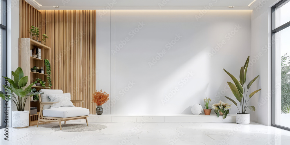 interior modern living room with chair and plant on white wall background, empty space for mockup or advertising. interior modern living room with chair and plant on white wall background, empty space for mockup or advertising.