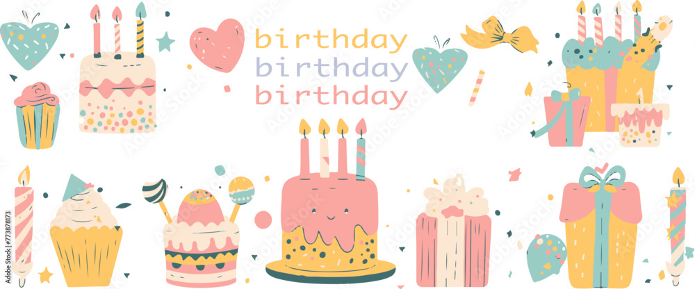 Naklejka premium set of cute birthday elements, cake and gifts, flat design illustration with white background