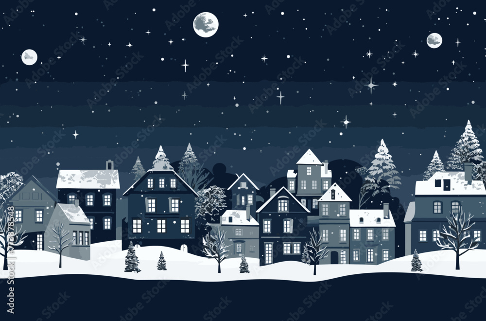 Christmas Village snowflakes in the night vector art illustration