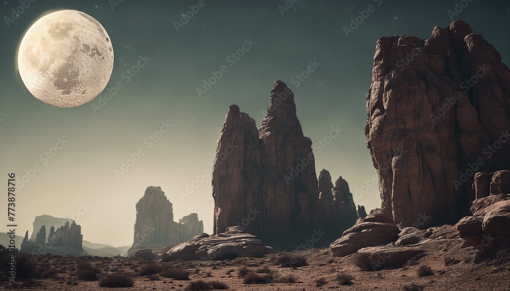 A vast moon hangs over towering rocks, faintly eclipsed. Soft shadows dance in ambient light, enveloping a mysterious, otherworldly landscape. - obrazy, fototapety, plakaty 