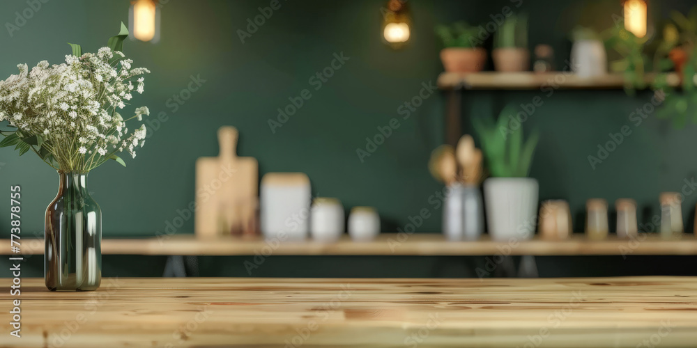 Empty wood table top counter on modern kitchen interior background , empty wooden table in green wall room background ,Banner, Ready for product display Empty wood table top counter on modern kitchen interior background , empty wooden table in green wall room background ,Banner, Ready for product display