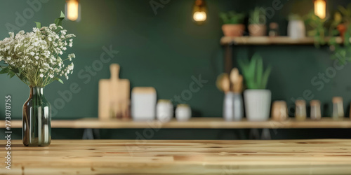 Empty wood table top counter on modern kitchen interior background , empty wooden table in green wall room background ,Banner, Ready for product display photo