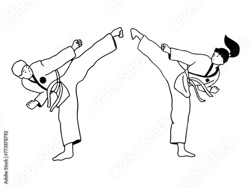 Karate concept. Karate fighter or sport person in kimono. Fighting, kicking, attacking pose. Japan martial art, professional or recreation. Active rest, recharge. Knockout workouts.