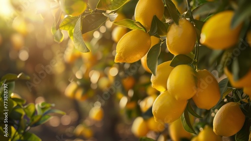 Bunches of fresh yellow ripe lemons on lemon tree branches in Italian garden