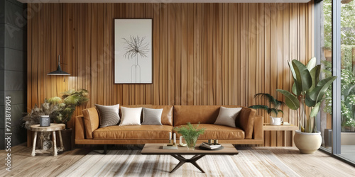 A wooden wall paneling design in the living room, with natural wood grain and leather sofa, midern interior living room photo