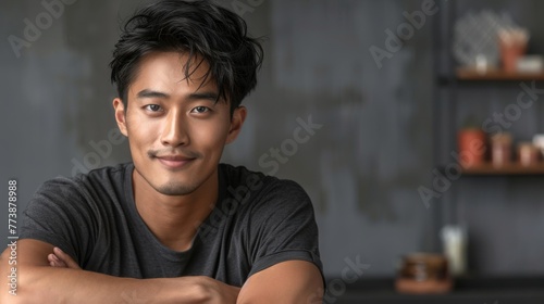 Portrait of young handsome Asian man smiling and looking camera with confidence.