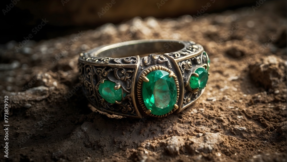 A majestic, ancient ring, encrusted with emeralds, lying forgotten in a dusty old chest Generative AI A majestic, ancient ring, encrusted with emeralds, lying forgotten in a dusty old chest Generative AI