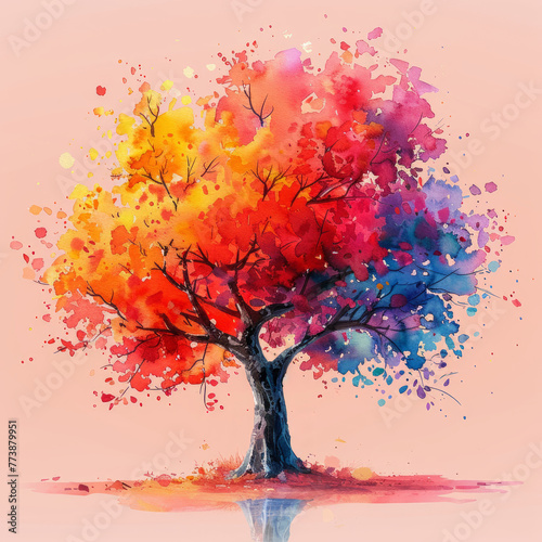 Colorful tree watercolor on white background
