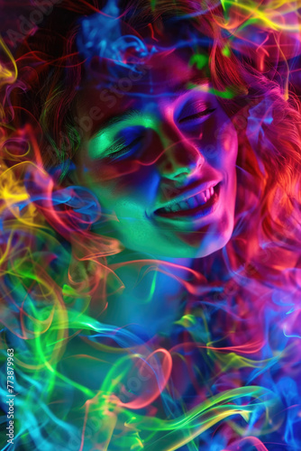 Cheerful woman with a joyful expression  smiling as colorful lights illuminate her face
