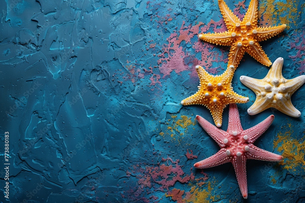 Bright pink and yellow starfish against a blue background evoke the exotic beauty of summer. Bright pink and yellow starfish against a blue background evoke the exotic beauty of summer.