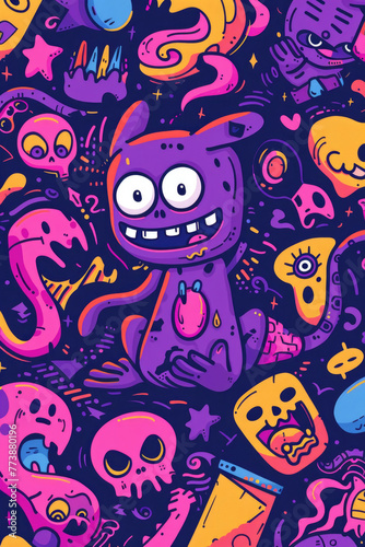 A cartoon character is in a scene surrounded by various skulls, creating a dark and eerie atmosphere
