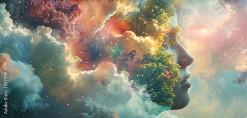 A womans face is visible amidst a backdrop of clouds and trees, creating a mystical and enchanting scene