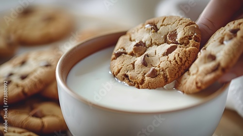 A hand is seen dunking a freshly baked chocolate chip cookie into a cup of milk, a classic and comforting snack time scene.
