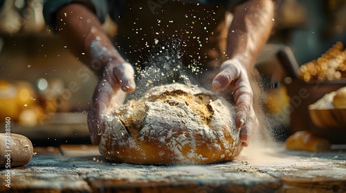 A baker's hands actively dusting flour on a crusty loaf of bread on a wooden surface, with particles of flour suspended in the air.