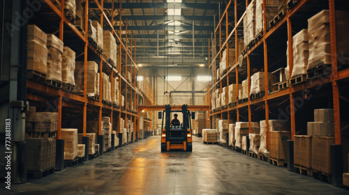 Step into the logistics world with a real photo of a warehouse, featuring racks and forklift, warm-filtered, and enhanced with AI generative technology.