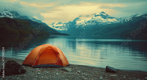Journey into nature's beauty with a serene scene of mountains and a orange tent by calm waters, featuring Provia film tones and AI generative enhancements. photo