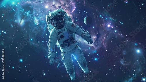 Illustration of Astronaut Floating In Space with Stars and Planets in Background