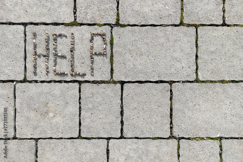 The inscription Help on a gray cobblestone.