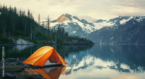 Immerse in the Y2K aesthetic with an orange tent amidst calm waters and snowy peaks. Captured with Provia film, the scene boasts tranquility and AI generative enhancements.
