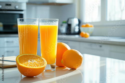 Indulge in a vibrant breakfast scene with sweet orange juice and drinking glasses on a white kitchen table. Healthy lifestyle captured in high-quality AI generative photography. photo