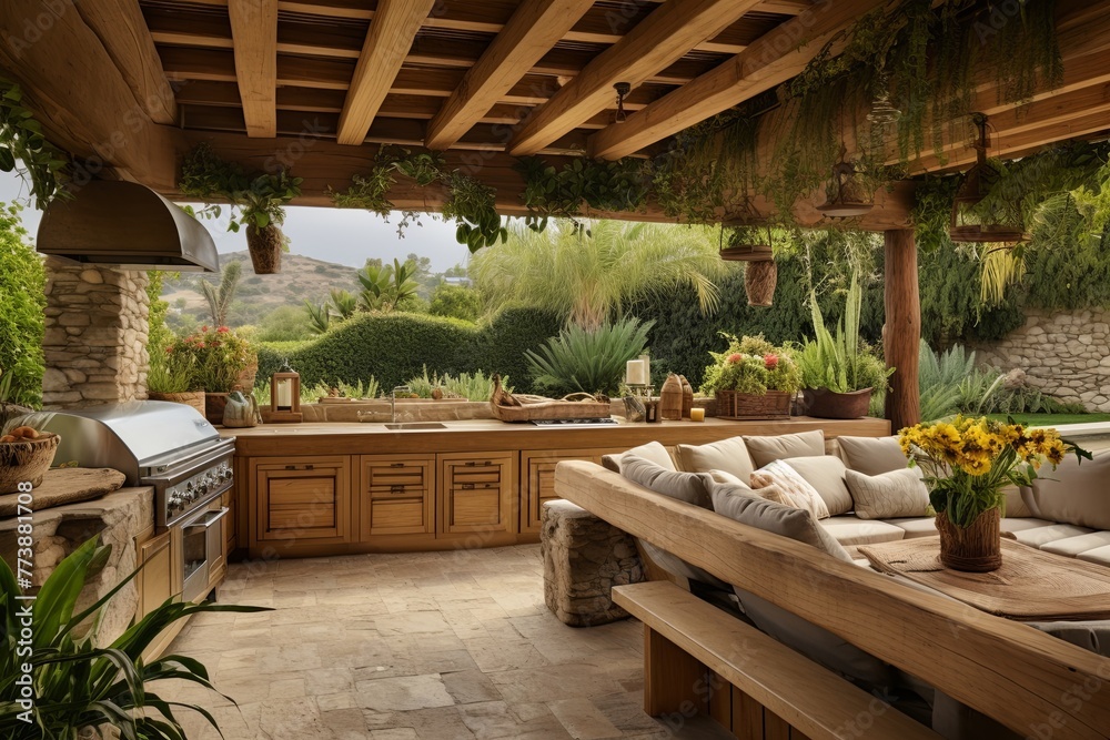 Textured Fabrics and Wooden Beams: Boho-Chic Outdoor Kitchen Inspirations