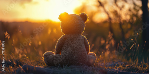 Witness a serene scene as a teddy bear sits and watches the sunset, offering ample copy space. The warm sunshine lights up the atmosphere, captured in stunning 8k resolution. AI generative photo