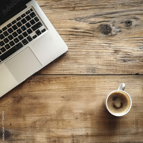 Explore the intersection of work and relaxation with a closeup view of a wooden tabletop, a laptop, and a coffee cup. AI generative enhancements enrich the bird's eye perspective of this office setup. photo