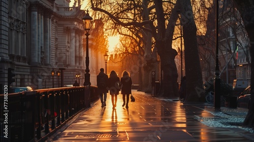 Group of People Walking Down a Street at Sunset