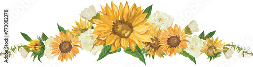 Sunflower line border illustration on transparent background.
