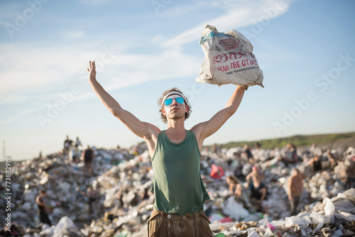 Man holding up a trash bag on a landfill site, blue sky above.