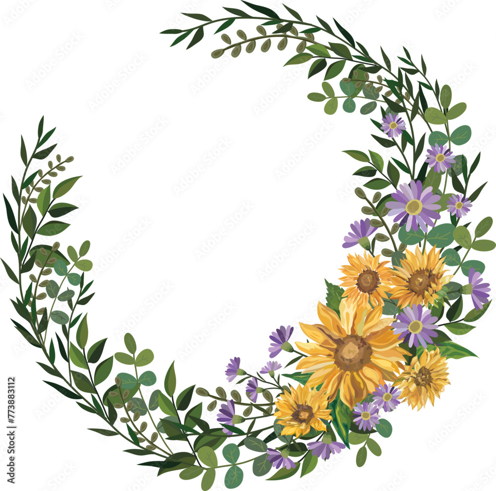 Sunflower wreath illustration on transparent background.