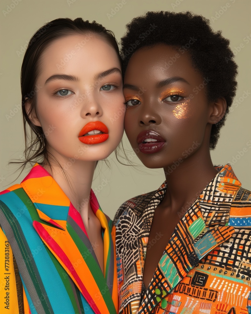 Two Models Pose With Orange Face Paint Two Models Pose With Orange Face Paint