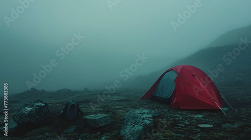 Horror mist surrounds fantasy tent in eerie arctic landscape. AI generative.