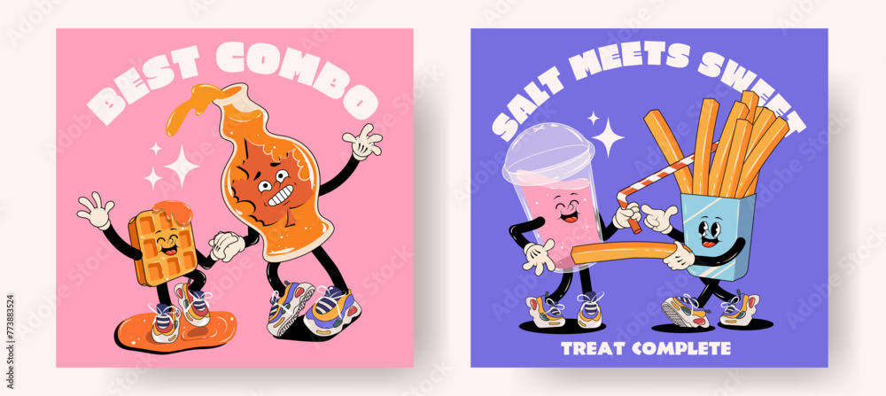 Fototapeta premium Set of fast food retro posters or cards with walking funny cute comic characters 60s-70s. Lettering illustration for t-shirt print. Mascots for restaurant. Waffles maple syrup, milk shake and fries 