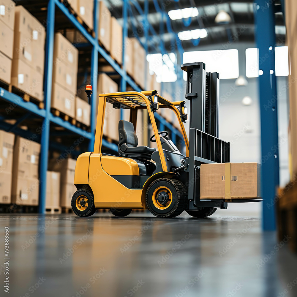 Explore the efficiency of cargo handling as a forklift lifts a box in a warehouse closeup view. AI generative technology enriches the scene.