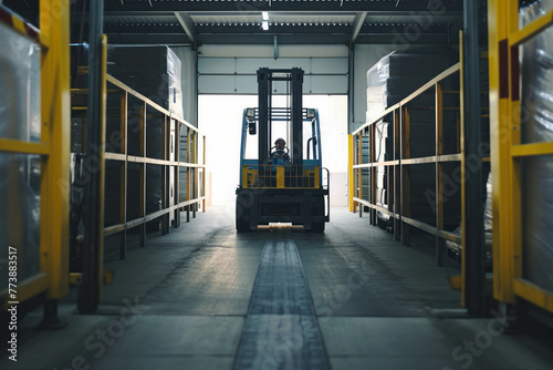 Discover the world of industrial equipment with this closeup view of a forklift lifting cargo in a warehouse. AI generative technology brings the scene to life. photo