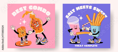 Set of fast food retro posters or cards with walking funny cute comic characters 60s-70s. Lettering illustration for t-shirt print. Mascots for restaurant. Waffles maple syrup, milk shake and fries 