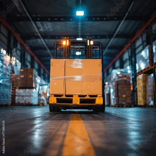 Experience the intricacies of warehouse logistics with a closeup view of a forklift lifting cargo. AI generative technology adds realism.